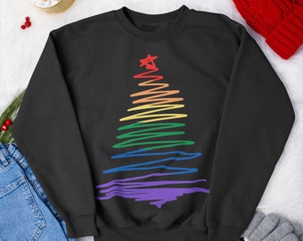 LGBT Rainbow Christmas Tree Sweatshirt, Gay Christmas Sweater, Bi Lesbian Christmas Gift, Unisex Gay Holiday Sweater, Subtle Pride Crewneck
