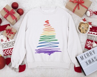 Gay Christmas Sweater, LGBT Rainbow Christmas Tree Sweatshirt, Bi Lesbian Christmas Gift, Unisex Gay Holiday Sweater, Subtle Pride Crewneck