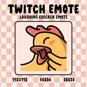 Può includere: Un'illustrazione di un pollo giallo con una cresta rossa che ride. Il pollo è contornato di nero e ha un rossore rosa sulle guance. L'immagine è etichettata "Twitch Emote Laughing Chicken Emote" e include le dimensioni 112x112, 56x56 e 28x28.