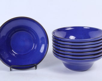 Set of 8 IKEA Fargrik Dark Blue 7” Soup Cereal Bowls Cobalt Brown Rim Trivsam