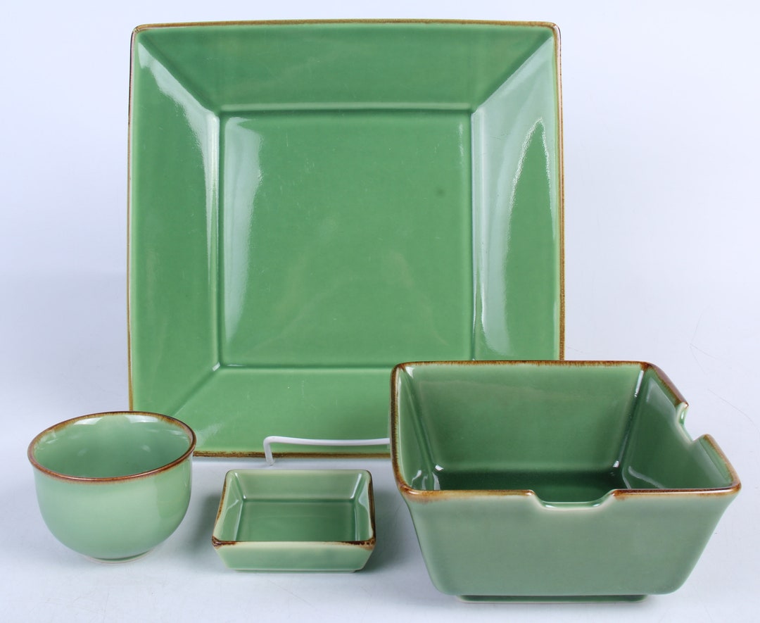 Pottery Barn Asian Square Jade Green 4pc Set Plate Bowl Cup Sauce