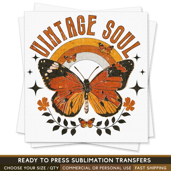 Vintage Soul Butterfly Rainbow Flowers Retro, Retro Sublimations, Ready To Press Sublimation Transfers, RTP Transfers, Sublimation Prints