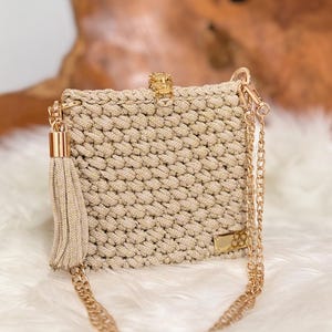 Crochet Shoulder Bag - Handmade Purse with Gold Strap - Elegant Everyday Bag