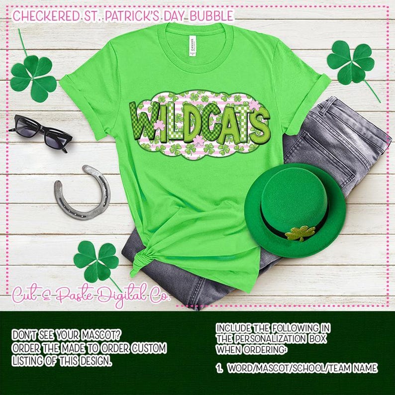 WILDCATS School Mascot St. Patrick's Day Checkerboard Bubble: PNG Digital Download image 5