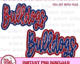 Peut inclure: Deux fichiers de découpe numériques du mot "Bulldogs" en paillettes rouges et bleues. Le texte est en écriture cursive. Les fichiers sont disponibles en téléchargement instantané.