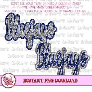 May include: Two digital images of the word "Bluejays" in a sparkly blue and silver font. The text is in a cursive style. The words are on a white background.