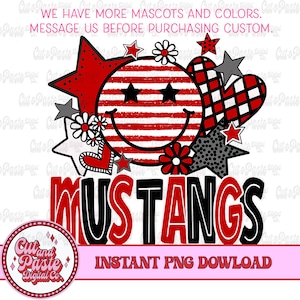 Mustangs Red Retro Daisies Stars Hearts Bright Smiley Teacher School  Digital Design png Printable Sublimation DTF