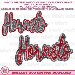 Puede incluir: Dos archivos de corte digital de la palabra "Hornets" en una fuente de brillo rojo y plateado. El texto está en estilo cursivo. Los archivos son de 300 DPI y están disponibles para descarga instantánea.