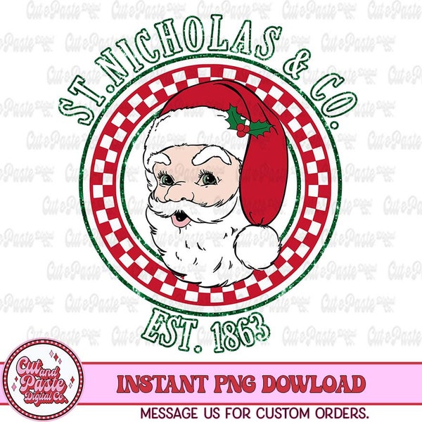 Christmas, Instant Download, PNG, DTF, Santa,  Red, Green, Vintage, Shirt Design, Digital, Retro, Mid-Century, Santa, Checkerboard, St. Nick