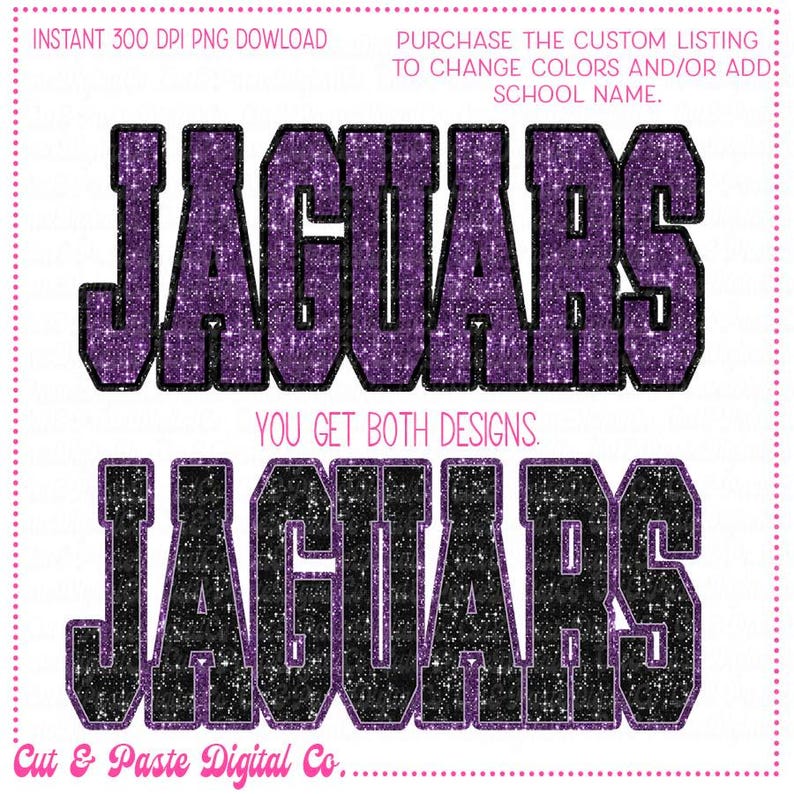 K&ouml;nnte beinhalten: Zwei glitzernde "JAGUARS"-Designs in Lila und Schwarz, ideal f&uuml;r digitales Basteln. Das obere Design ist lila mit schwarzem Umriss, das untere Design ist schwarz mit wei&szlig;em Umriss. Text enth&auml;lt "INSTANT 300 DPI PNG DOWLOAD" und "YOU GET BOTH DESIGNS."