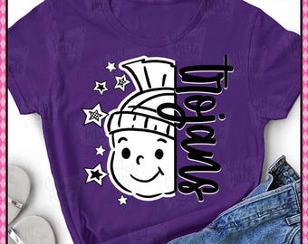 May include: A purple t-shirt featuring a half-face doodle mascot design. The design includes a smiling face wearing a hat, with the word "Trojans" vertically on the right side. The shirt also has star graphics.