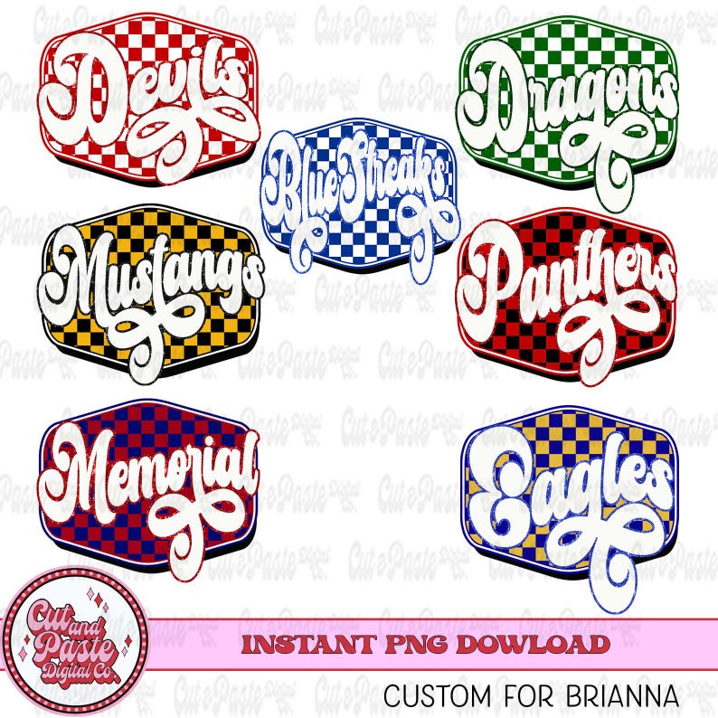 May include: Seven different checkered designs with white text in a retro font. The designs include "Devils", "Dragons", "Blue Streaks", "Mustangs", "Panthers", "Memorial", and "Eagles".