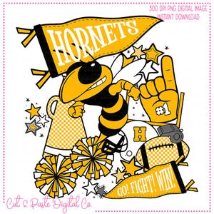 HORNETS, GOLD, Spirit Pennant Flag, Football, png file, Sublimation, dtf, Mascot, School, Team, Teacher, Sport, Checkerboard, Cheer