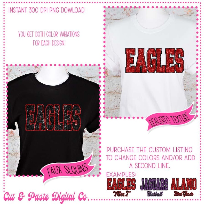 K&ouml;nnte beinhalten: Ein schwarzes und ein wei&szlig;es T-Shirt, die jeweils das Wort "EAGLES" in einem glitzernden, rot-schwarzen Design zeigen. Das Bild enth&auml;lt Text &uuml;ber Farbvariationen und Anpassungsoptionen.