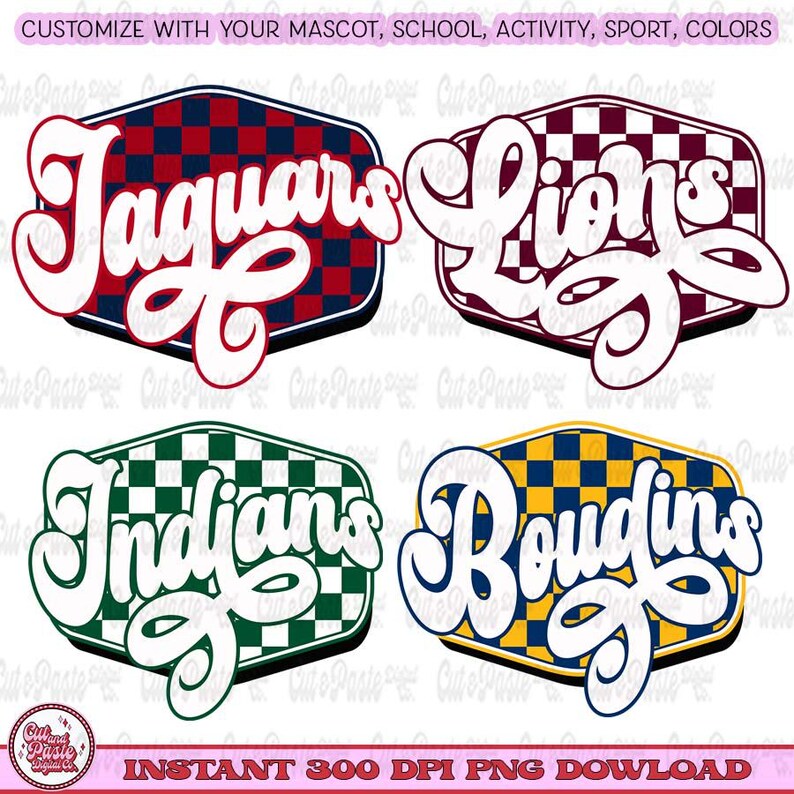 May include: Four digital designs featuring a checkered background with a white outline and a white cursive word in the center. The designs feature the words "Jaguars", "Lions", "Indians", and "Boudins".