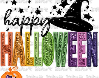 Faux Glitter/Embroidery Happy Halloween PNG File: Fall Digital Design