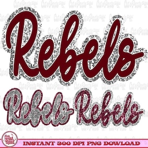 Könnte beinhalten: Digitaler Download von drei Bildern mit dem Wort "Rebels" in einer silbernen Glitzer-Schriftart mit einem kastanienbraunen Umriss. Die Bilder sind in verschiedenen Größen und Anordnungen.