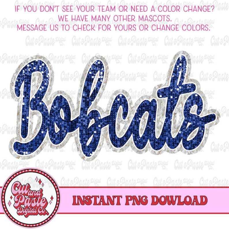 Op de afbeelding: Blauw en zilver glitter "Bobcats" tekstafbeelding. De tekst is in een cursief lettertype. De afbeelding is op een witte achtergrond. DIRECTE PNG DOWNLOAD.