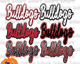 Peut inclure: Six fichiers numériques du mot "Bulldogs" dans une police de caractères rouge et noire à paillettes. Le texte est en style cursive. L'arrière-plan est blanc.