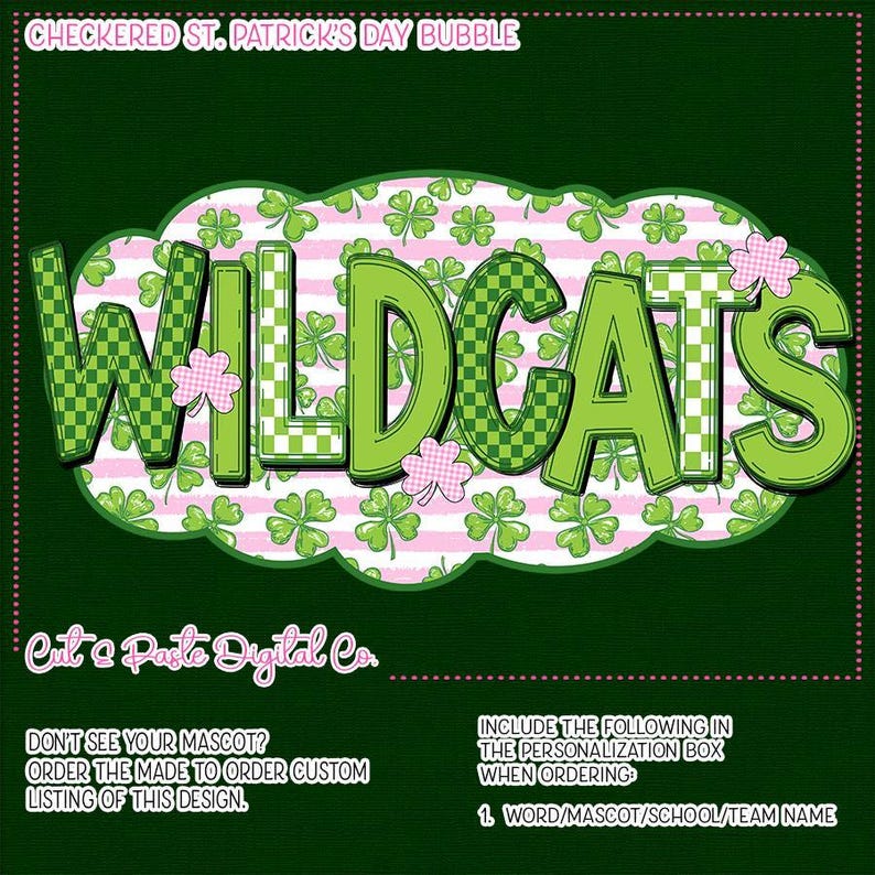 WILDCATS School Mascot St. Patrick's Day Checkerboard Bubble: PNG Digital Download image 4