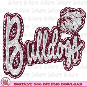 Op de afbeelding: Een digitale afbeelding van het woord "Bulldogs" in een wit handschrift met een bordeauxrode glitterachtergrond. Een bordeauxrode bulldogkop met een zilveren glitteromtrek bevindt zich in de rechterbovenhoek van de afbeelding.