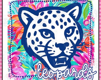 Mascota de leopardo PNG: Flores de neón con espíritu escolar (Descarga digital)
