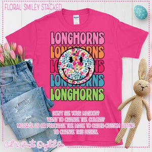 LONGHORNS Floral Smiley Bright Stack, Mascot/School/Sports Teams, Digital Design/PNG/Sublimation/DTF