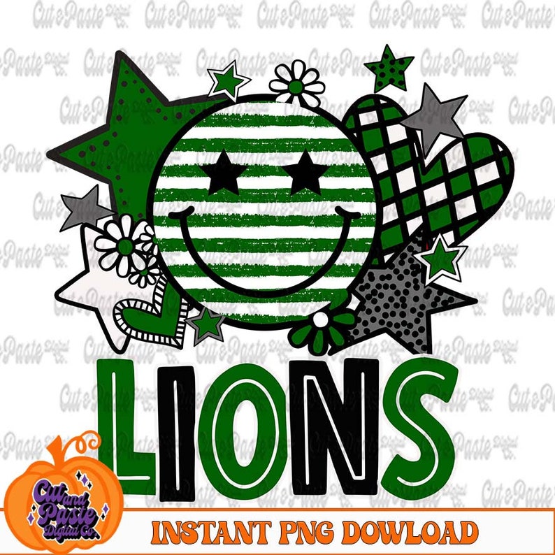 May include: Green and black graphic with a smiling face, stars, hearts, and the word "LIONS".
