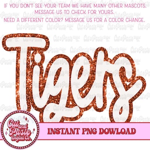 Könnte beinhalten: Ein digitaler Download einer glitzernden orangefarbenen Grafik mit der Aufschrift "Tigers". Die Grafik hat einen weißen Umriss und eine glitzernde orangefarbene Füllung. Die Grafik ist perfekt zum Erstellen von individuellen Bastelarbeiten, Partydekorationen oder Bügelbildern.