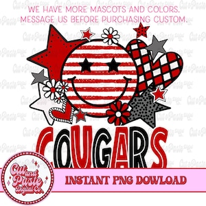 May include: Red and black graphic design with the word "COUGARS" in large letters. The design includes a smiling face with stars for eyes, a heart, and flowers.