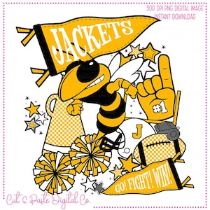Peut inclure: Une mascotte d'abeille de dessin animé noire et jaune portant un maillot avec la lettre "J" dessus. L'abeille lève un doigt avec le numéro "1" dessus. L'abeille est entourée d'étoiles, de pompons, d'un mégaphone et d'un ballon de football. Le texte "JACKETS" est sur une bannière jaune. Le texte "GO! FIGHT! WIN!" est sur une bannière jaune.