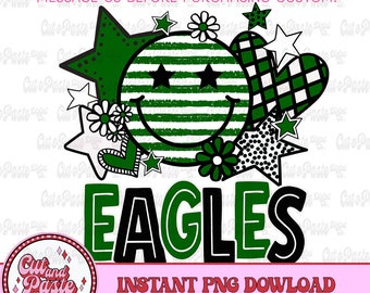 Eagles Green Retro Smiley PNG: Daisies, Stars, Hearts (Digital Design)