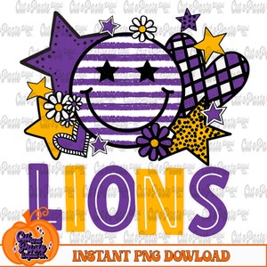 Lions Purple Gold Retro Daisies Stars Hearts Bright Smiley Teacher School  Digital Design png Printable Sublimation DTF
