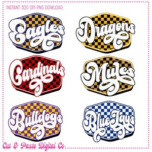 May include: Six digital designs featuring team names in a retro, handwritten font. The names are "Eagles", "Dragons", "Cardinals", "Mules", "Bulldogs", and "Blue Jays". Each name is set against a checkered background in a different color combination.