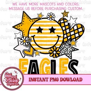 May include: A digital design featuring a yellow smiley face with black eyes and a striped pattern. The smiley face is surrounded by yellow stars, black and white polka dot stars, and white flowers. The word "EAGLES" is written in black letters with a yellow outline. The text "INSTANT PNG DOWNLOAD" is written in pink letters.