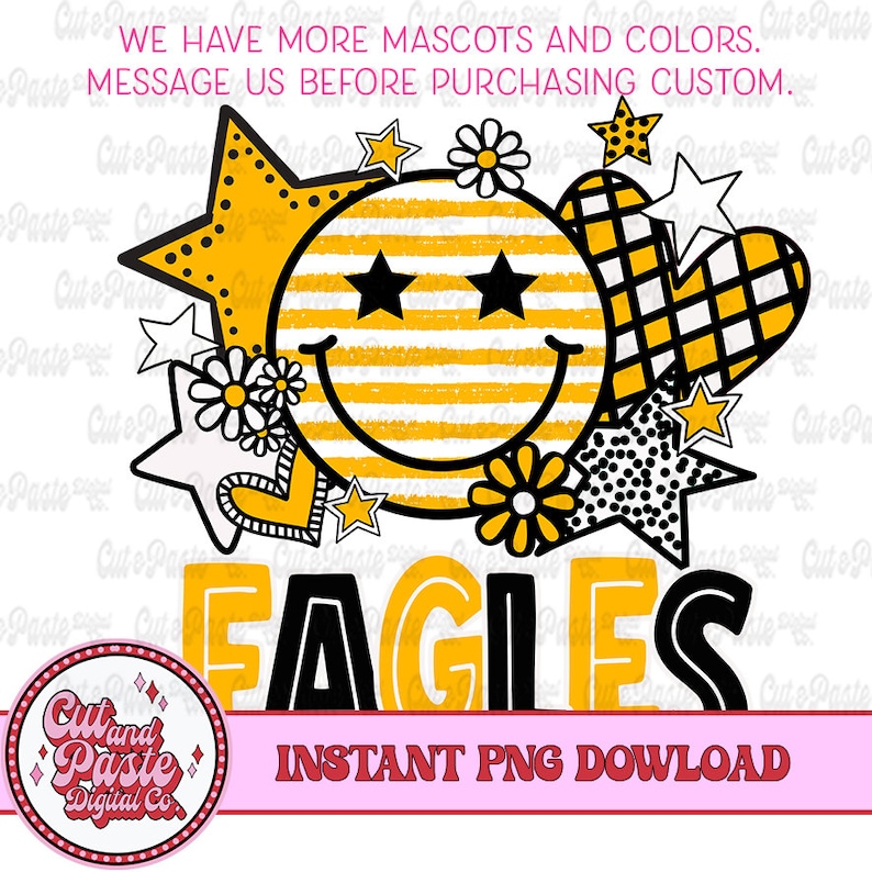May include: A digital design featuring a yellow smiley face with black eyes and a striped pattern. The smiley face is surrounded by yellow stars, black and white polka dot stars, and white flowers. The word "EAGLES" is written in black letters with a yellow outline. The text "INSTANT PNG DOWNLOAD" is written in pink letters.