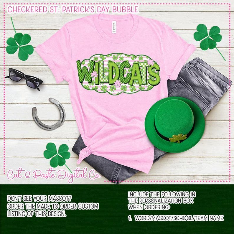 WILDCATS School Mascot St. Patrick's Day Checkerboard Bubble: PNG Digital Download image 1