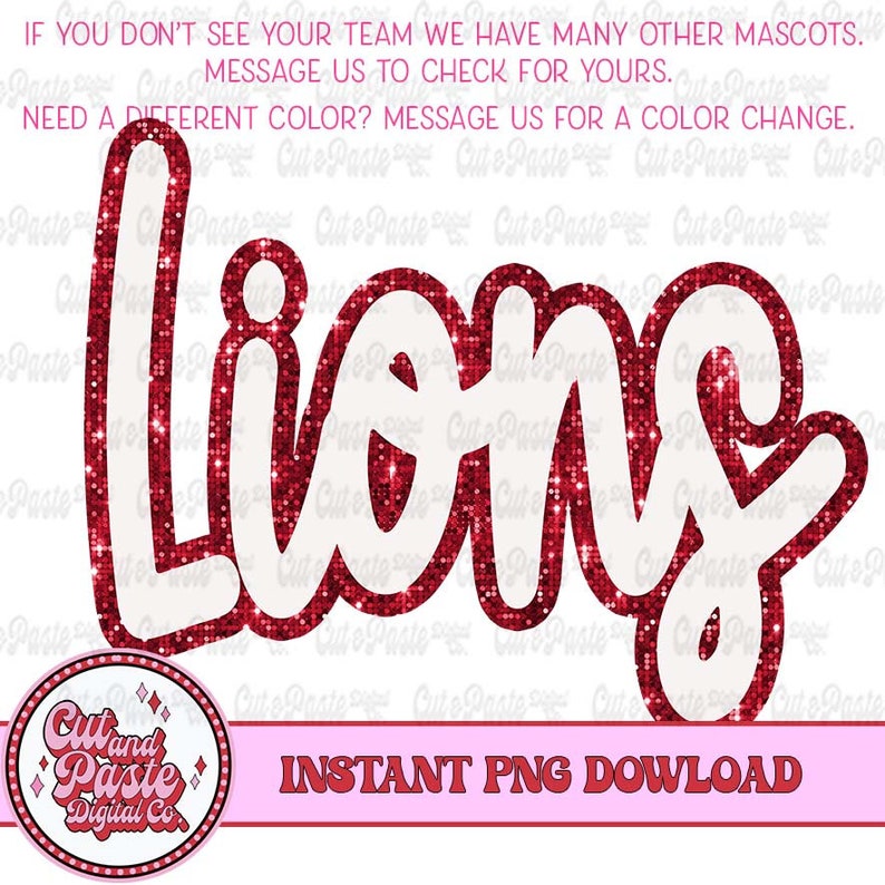 Op de afbeelding: Rode glitter "Lion" tekst met een witte omtrek. De tekst is in een vet, speels lettertype. De achtergrond is wit.