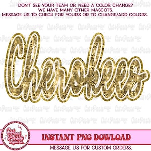 Op de afbeelding: Gouden glittertekst met een witte omtrek die "Cherokee" zegt. De tekst staat op een witte achtergrond.