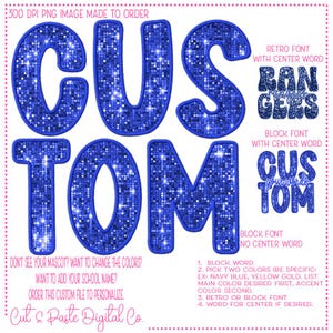 May include: A digital design featuring the word "CUSTOM" in a sparkling blue font. The image offers customization options, including font styles like retro and block, and color choices. Text on the image includes instructions for personalization and the phrase "Cut & Paste Digital Co."