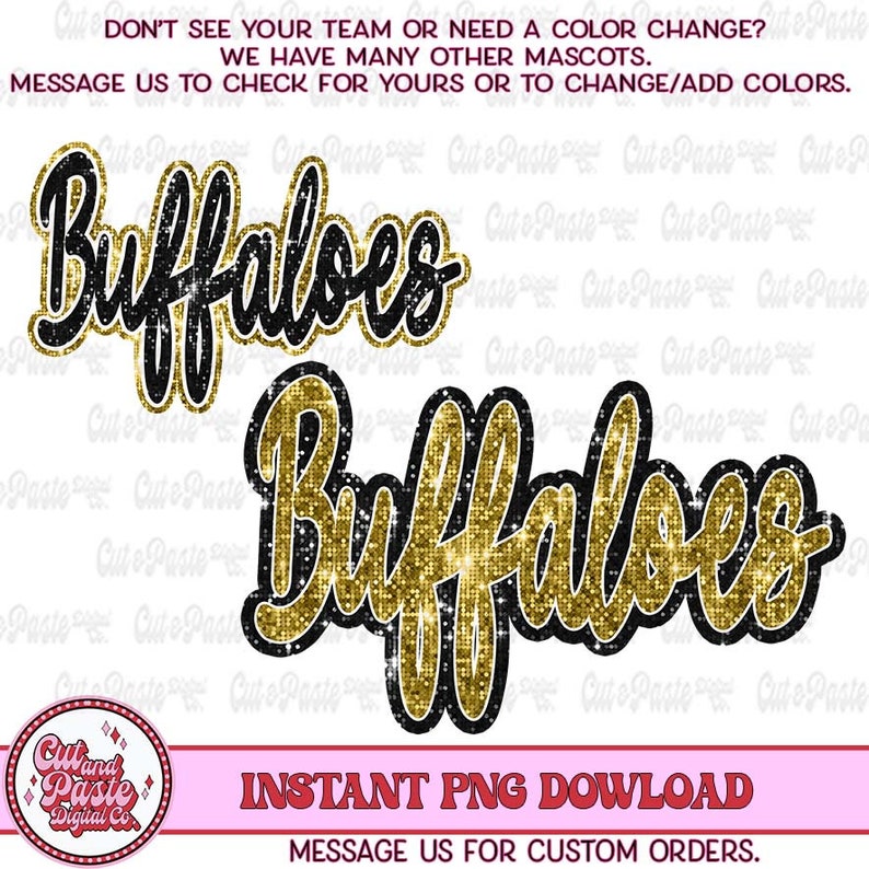 Op de afbeelding: Twee digitale snijbestanden van het woord "Buffaloes" in een glinsterend gouden en zwart lettertype. Het bovenste woord is zwart met gouden glitter en het onderste woord is goud met zwarte glitter.