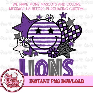 May include: Purple and gray graphic design with the word "LIONS" in large letters. The design features a smiling purple and white striped face with stars and hearts.