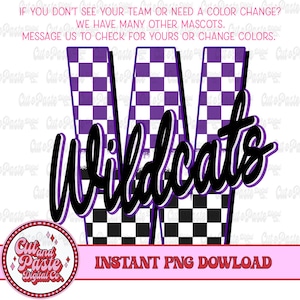 Retro Wildcats Mascot: Purple Checkerboard Design (PNG Digital Download)