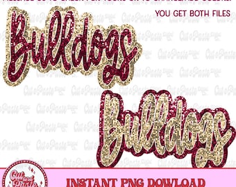 Peut inclure: Deux fichiers de découpe numériques du mot "Bulldogs" dans une police de caractères dorée et bordeaux à paillettes. Le texte est en style cursive. Les fichiers sont téléchargeables instantanément.