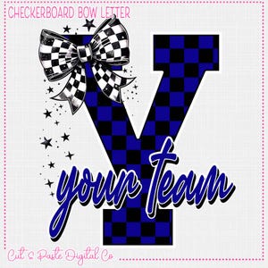 May include: A blue and black checkered letter V with a black and white checkered bow on top. The text "your team" is written in a blue cursive font below the letter.