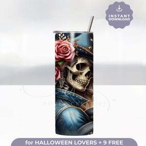 May include: A stainless steel tumbler featuring a design of a skull wearing a blue hat and holding a pink rose. The skull is intricately detailed with a gold chain and a skull and crossbones charm.