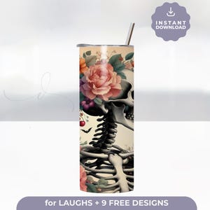 Floral Skeleton 20oz Skinny Tumbler Wrap, Tarot Cards Tumbler Gift For Her Him, Gothic Tumbler Wrap, Witch Tumbler Png Digital Download
