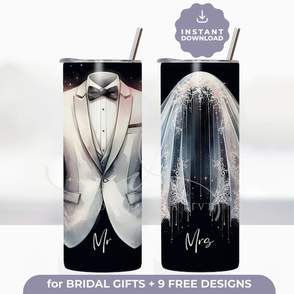 Mr & Mrs 20oz Straight Skinny Tumbler Wrap Set, Sublimation PNG, Wedding Party, 20oz Wedding Tumbler, Bride and Groom, Honeymoon Gifts