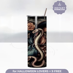 May include: A stainless steel tumbler with a black and brown design featuring a snake wrapped around a rose. The design is reminiscent of a gothic or Halloween theme.