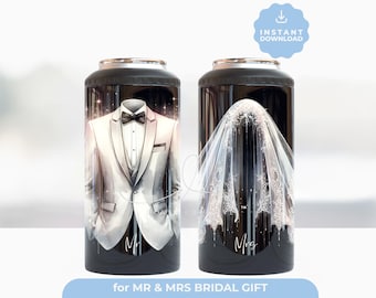 Mr & Mrs 4 in 1 Can Cooler Wrap Set, 16oz Bride and Groom Wedding Tumbler Wrap Png, Sublimation Wedding Party, Honeymoon Gifts